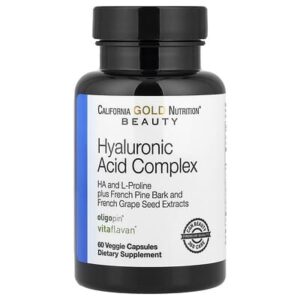 California Gold Nutrition, комплекс гиалуроновой кислоты с L-пролином, экстрактом косточек французского винограда и коры французской приморской сосны, 60 растительных капсул