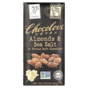Chocolove, черный шоколад с миндалем и морской солью, 70% какао, 90 г